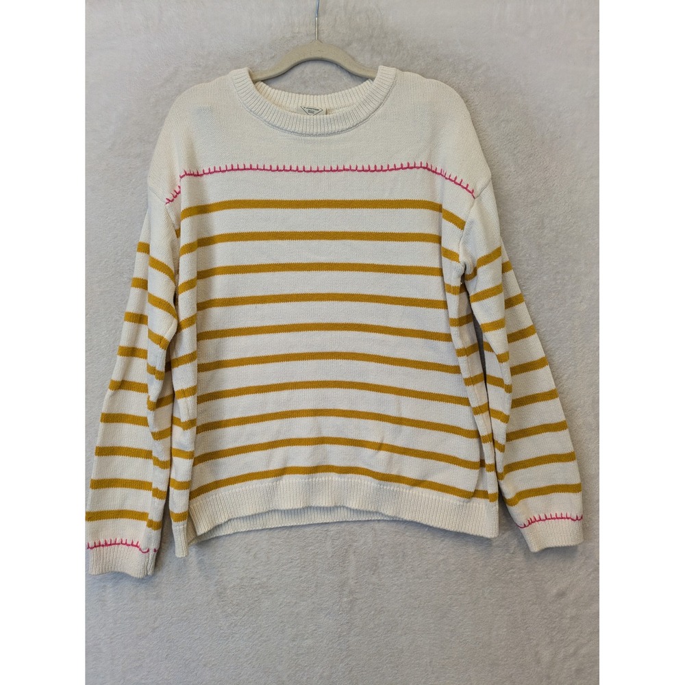 St. John's Bay Sweater Women's Large White Mustard Striped Pink Stitching